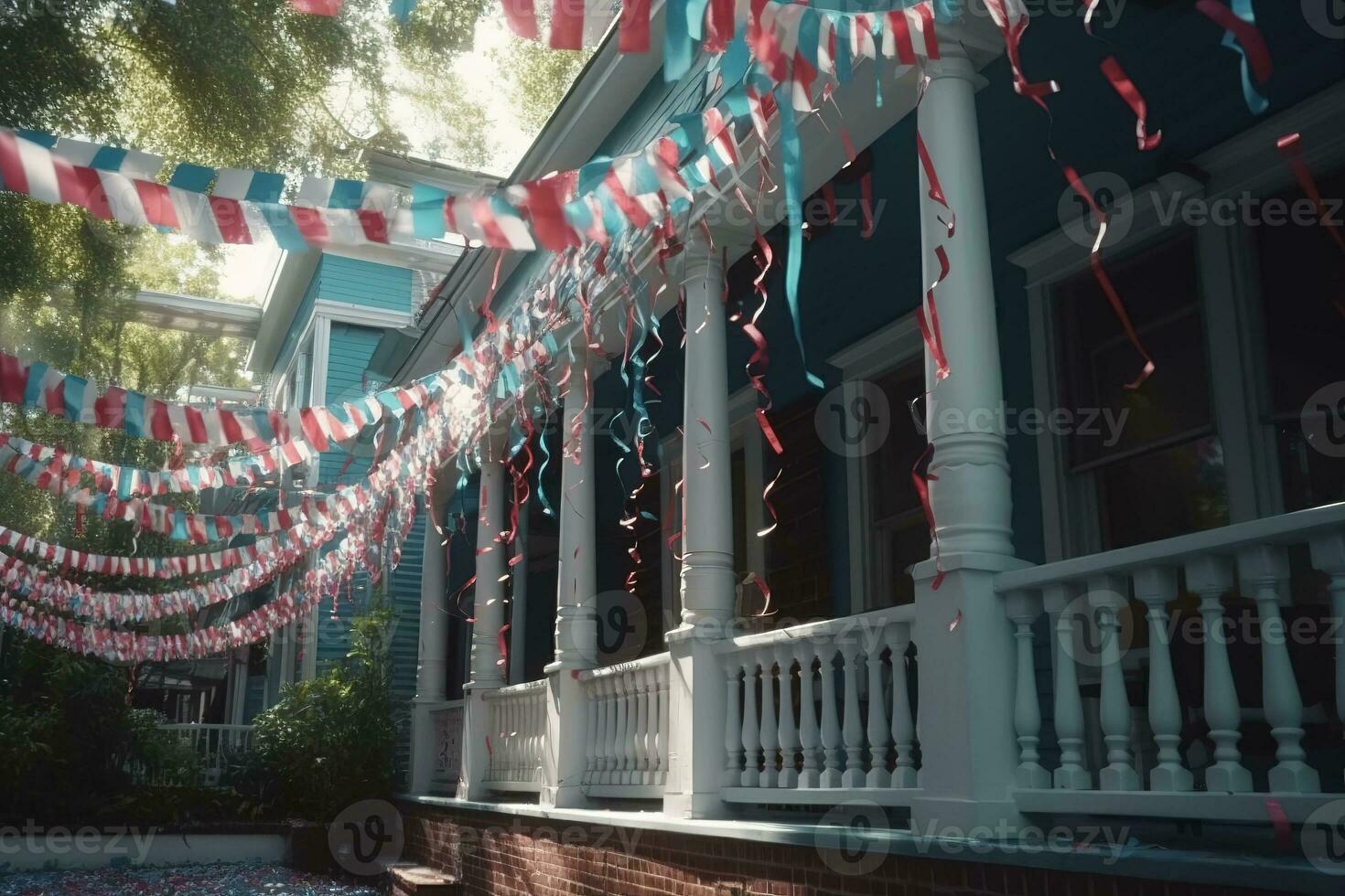 rosso, bianca e blu banner appendere a partire dal portici, agitando nel il brezza piace colorato bandiere. stella sagomato coriandoli e filanti linea il strade, cosparso a partire dal alberi e tetti. generativo ai foto