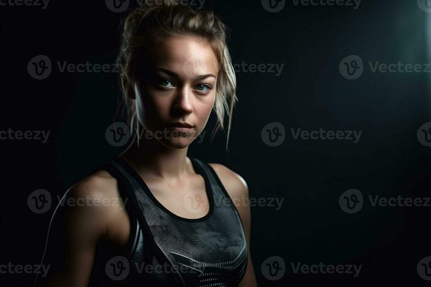 giovane atletico donna nel abbigliamento sportivo pose per il telecamera contro un' nero sfondo. generativo ai foto