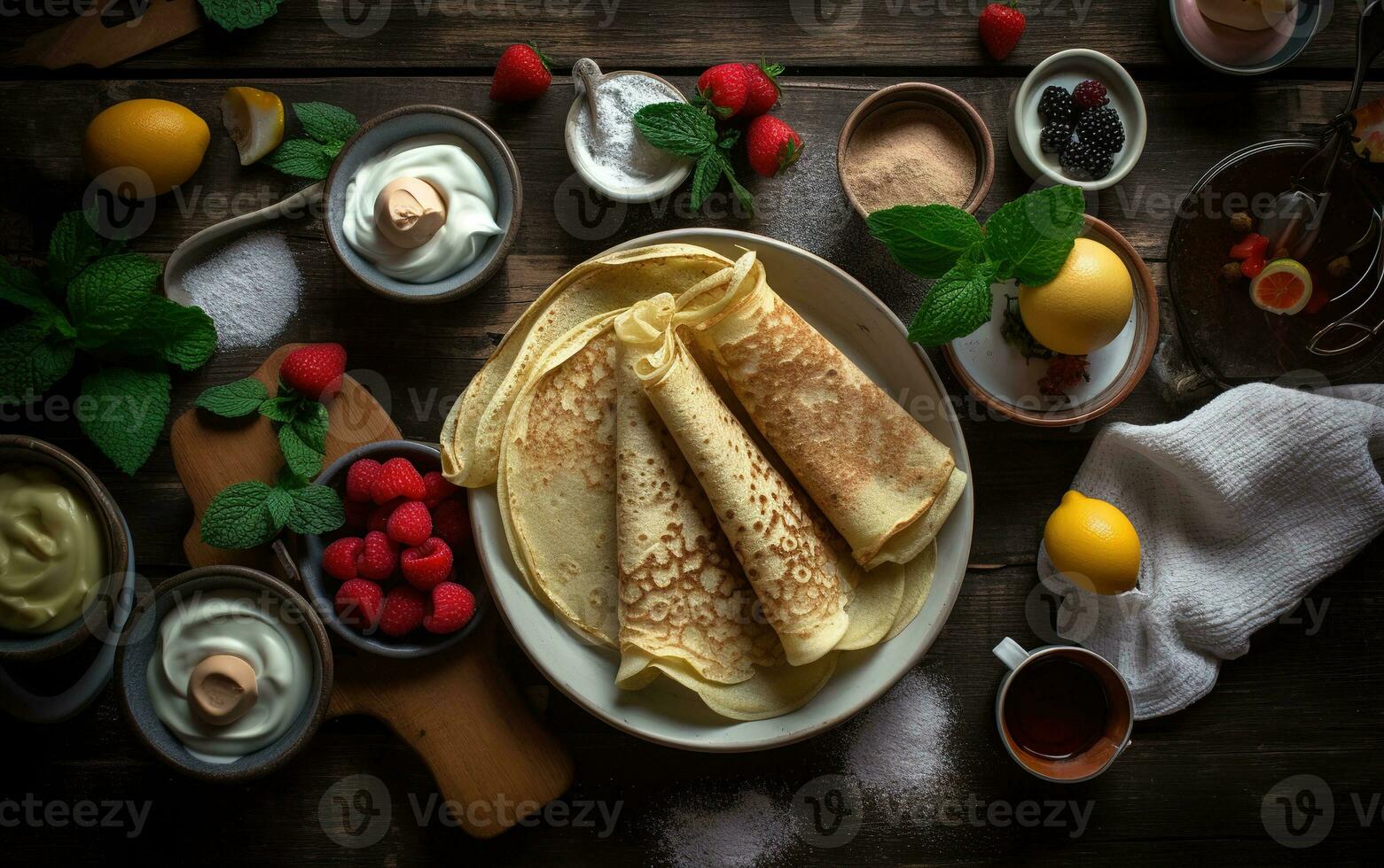 crepes su rustico di legno tavolo con ingredienti. generativo ai foto