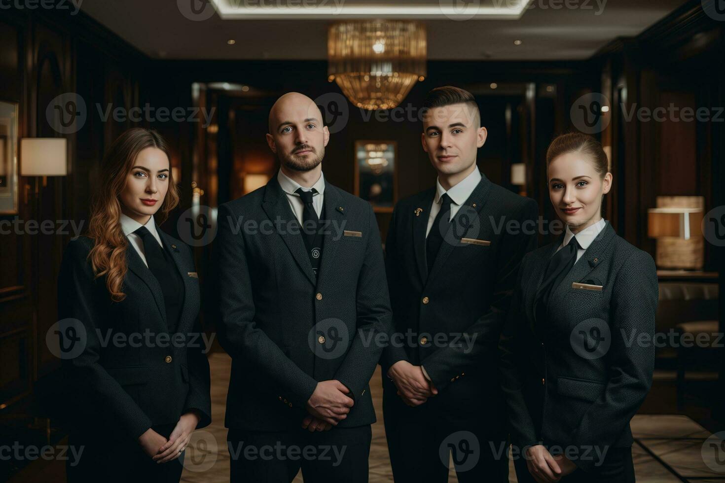 pubblicità ritratto tiro di un' Hotel personale squadra in piedi insieme nel un' Hotel e essi Guarda a il telecamera. generativo ai. foto