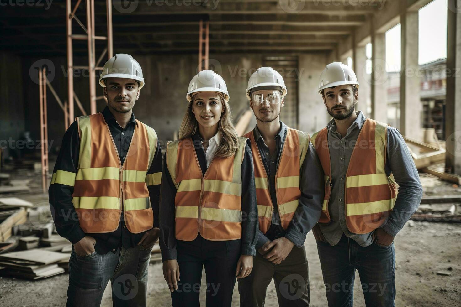 pubblicità ritratto tiro di un' geometri squadra in piedi insieme nel un' costruzione luogo e essi Guarda a il telecamera. generativo ai. foto