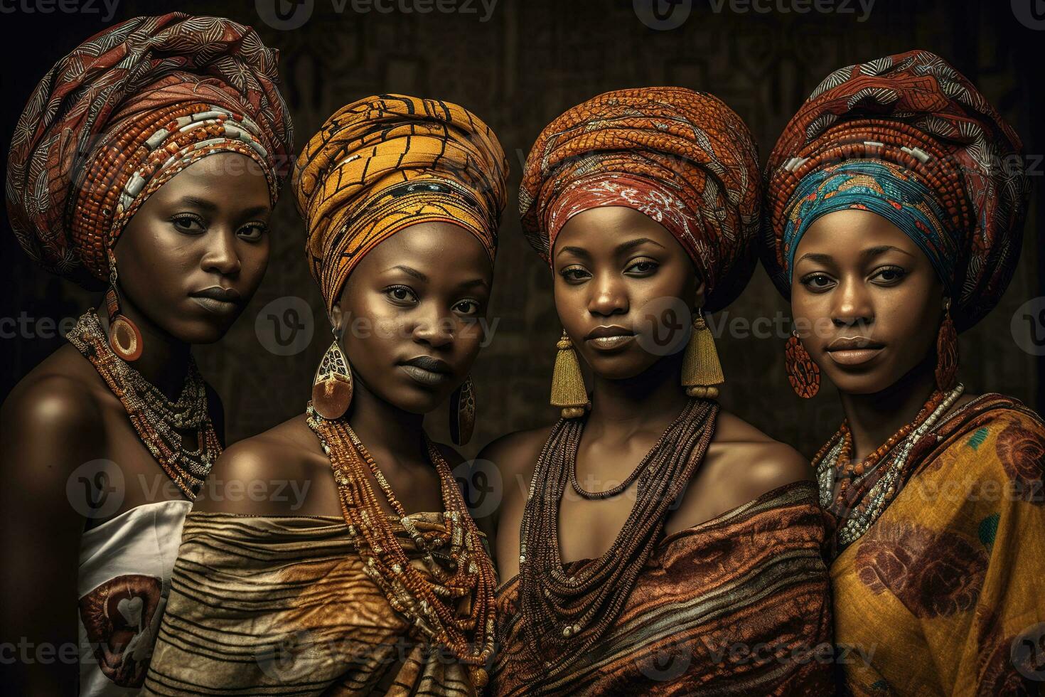 un' gruppo ritratto di quattro generazione africano donna nel tradizionale copricapo. generativo ai foto