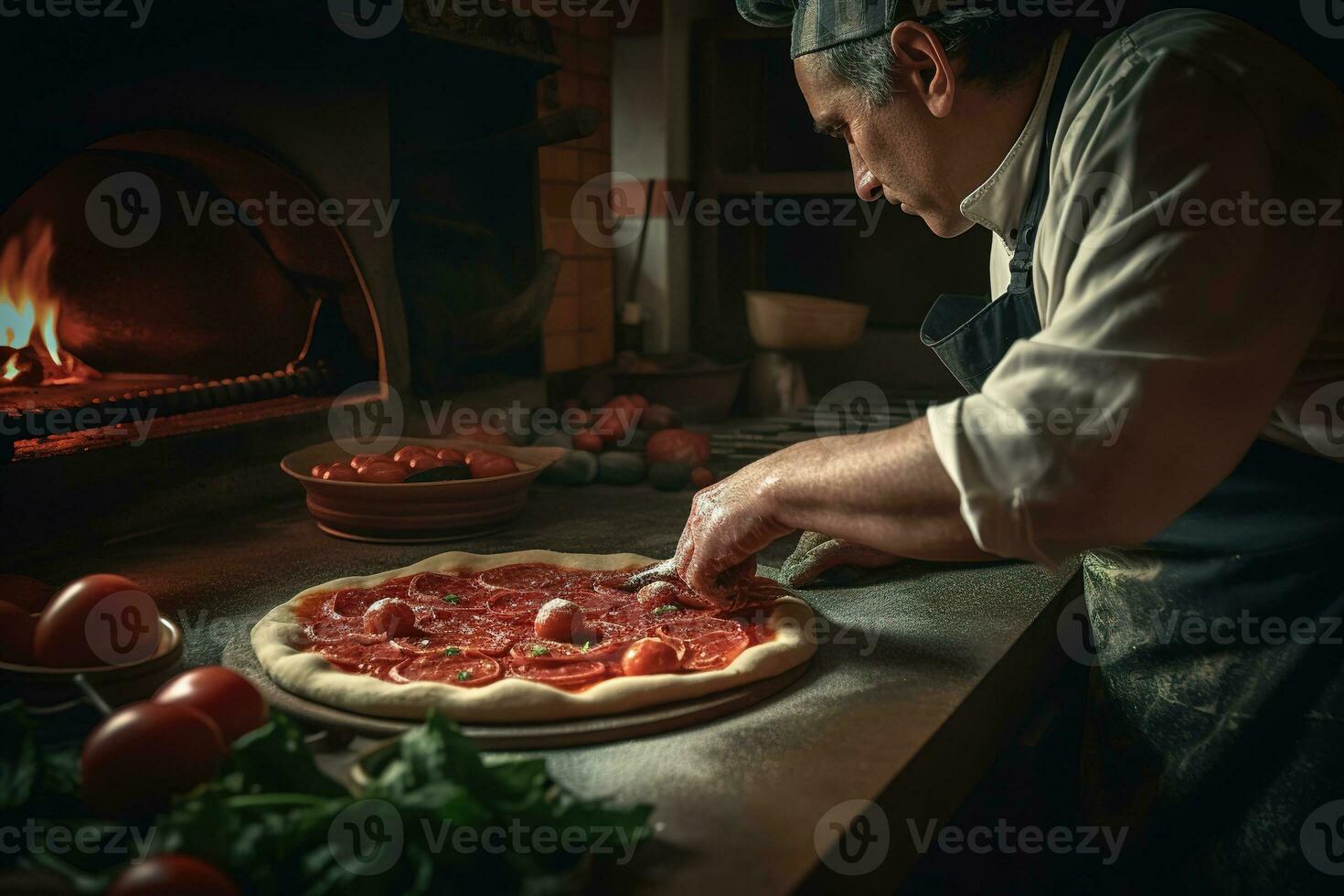Pizza creatore prepara un' Pizza nel un' tipico pizzeria, Pizza margherita è pronto per cucinando, dietro a lui Là è il forno Su, su il Pizza Là è basilico, Mozzarella e pomodoro. generativo ai. foto