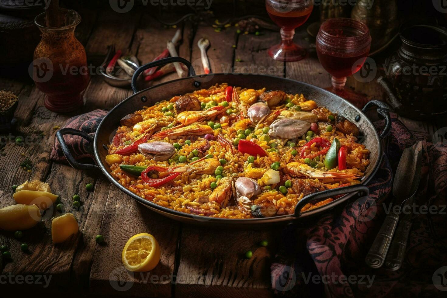 spagnolo paella su buio di legno tavolo con ingredienti. generativo ai. foto