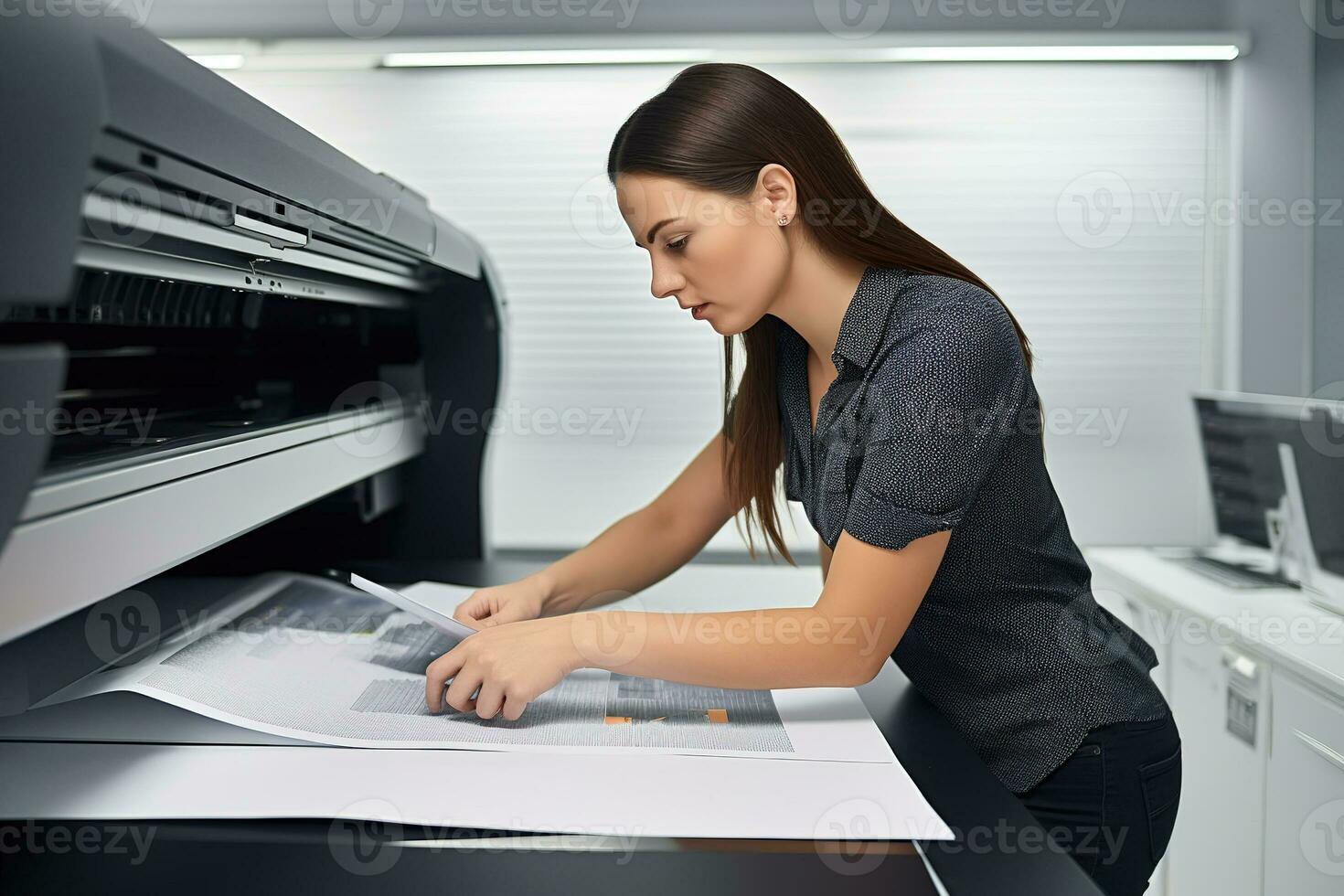 donna lavoratore la creazione di visivo soluzioni per digitale e Stampa media. tiro di donna progettista durante produzione su vinile striscione. generativo ai. foto