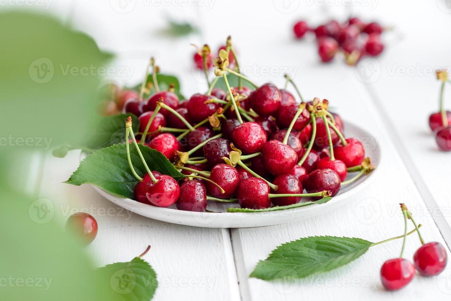 bacche fresche e deliziose di ciliegie rosse brillanti strappate nel giardino estivo foto