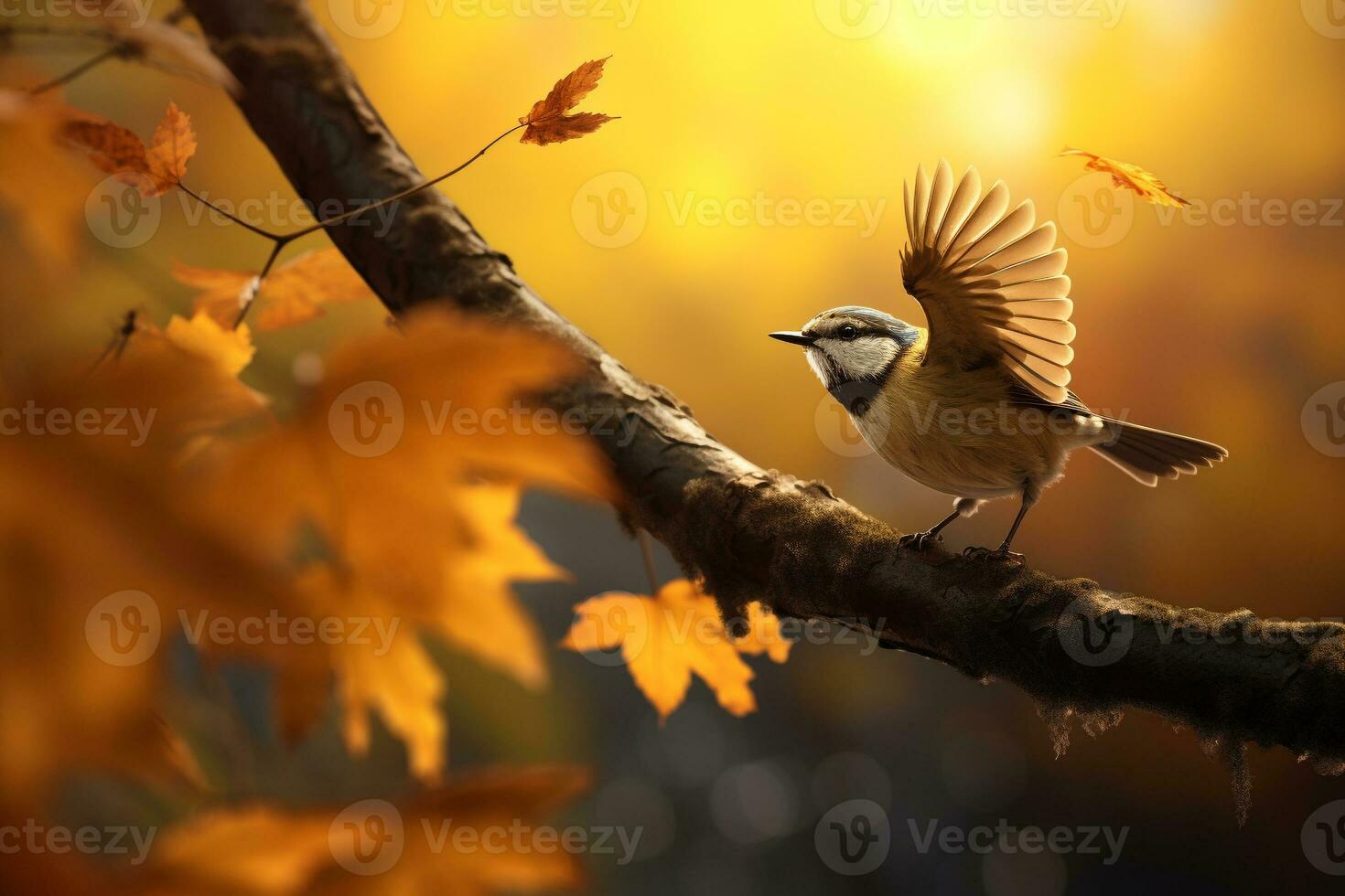 carino uccello nel il autunno foresta con autunno foglie.create con generativo ai tecnologia. foto