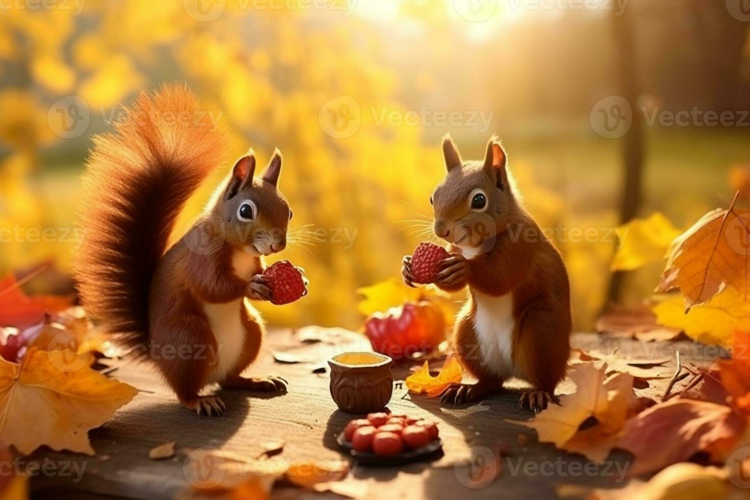 carino scoiattolo nel il autunno foresta con autunno foglie.create con generativo ai tecnologia. foto
