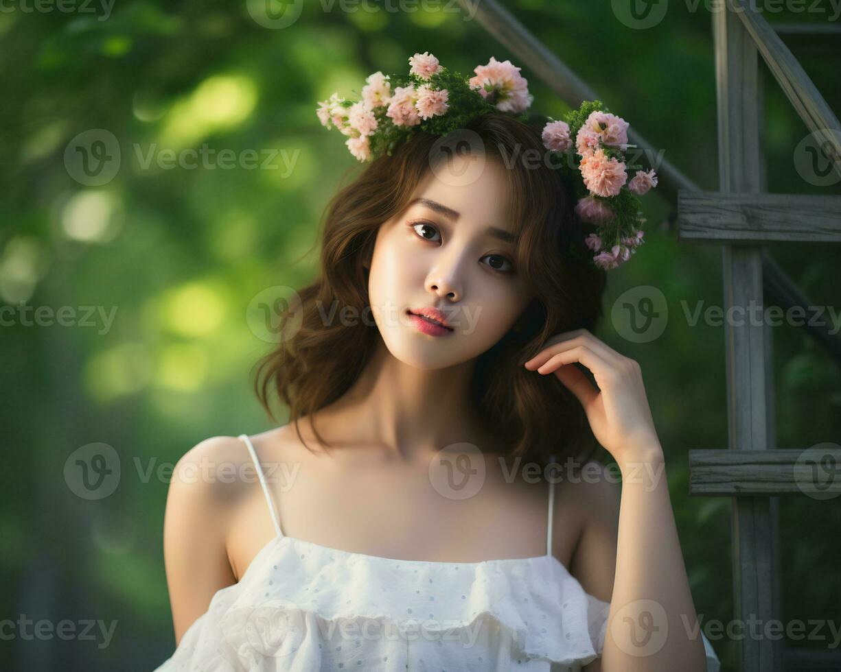 bellissimo asiatico ragazza nel fiore giardino ai generativo foto