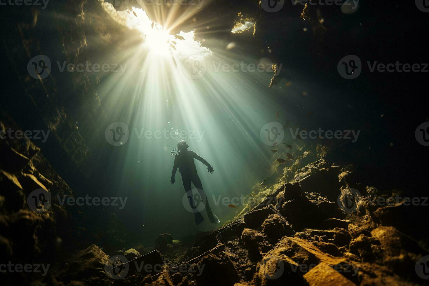 gratuito tuffatore esplorando un' naufragio ai generativo foto