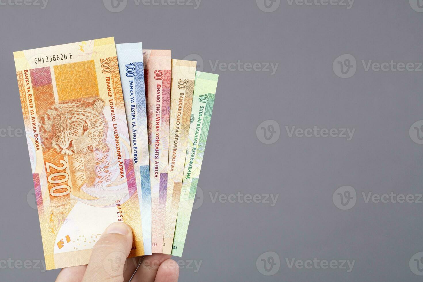 Sud africano i soldi nel il mano su un' grigio sfondo foto