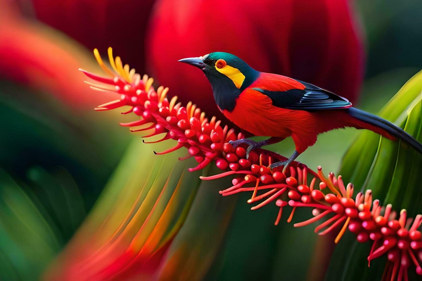 un' colorato uccello si siede su un' rosso fiore. ai-generato foto