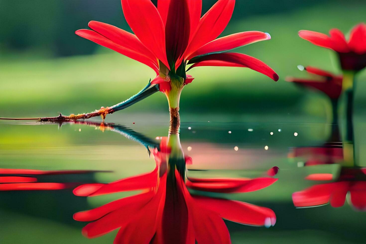 rosso fiore nel acqua con riflessione. ai-generato foto