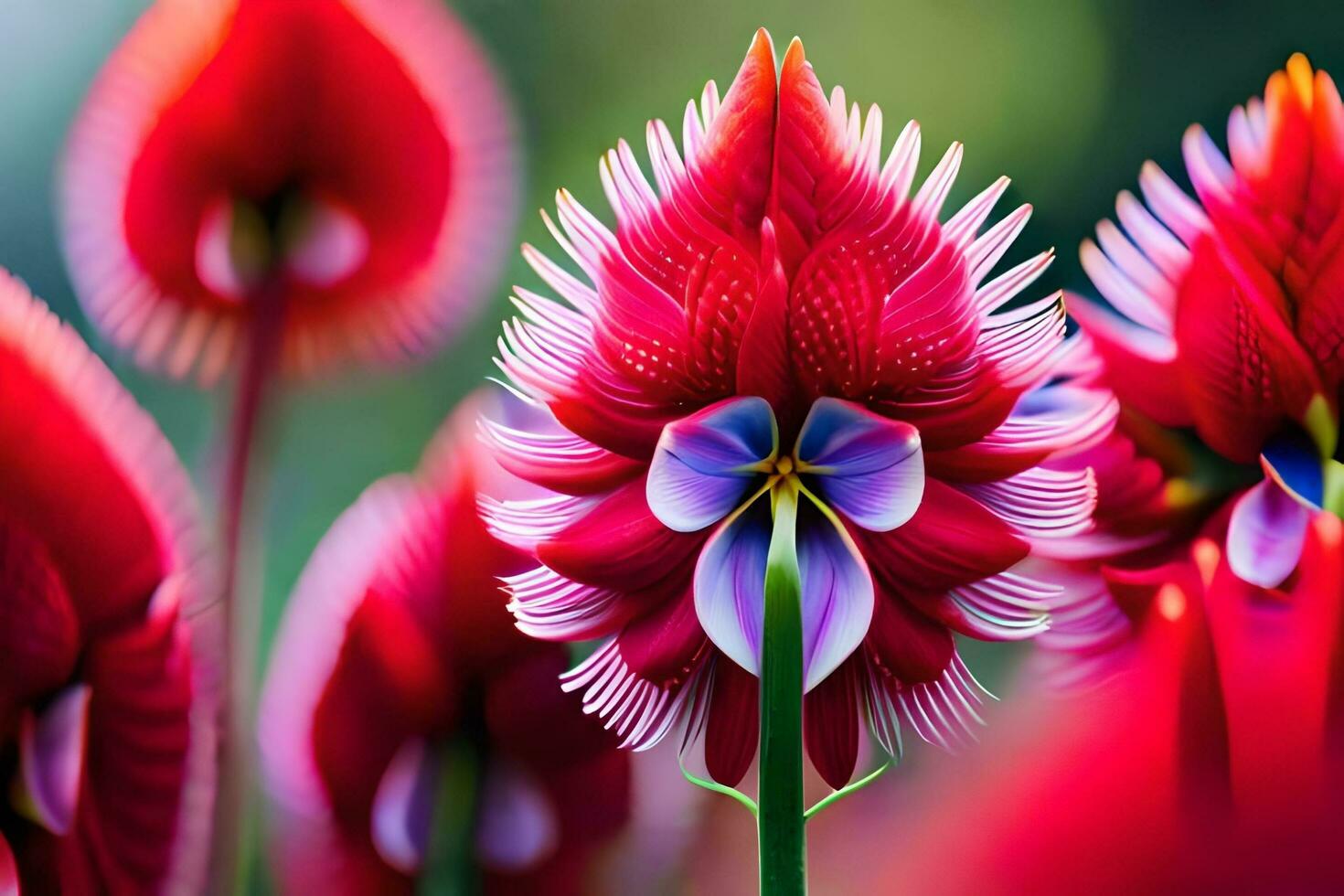 un' vicino su di rosso fiori con viola petali. ai-generato foto