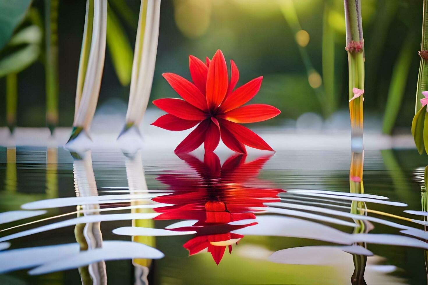 un' rosso fiore è riflessa nel acqua. ai-generato foto