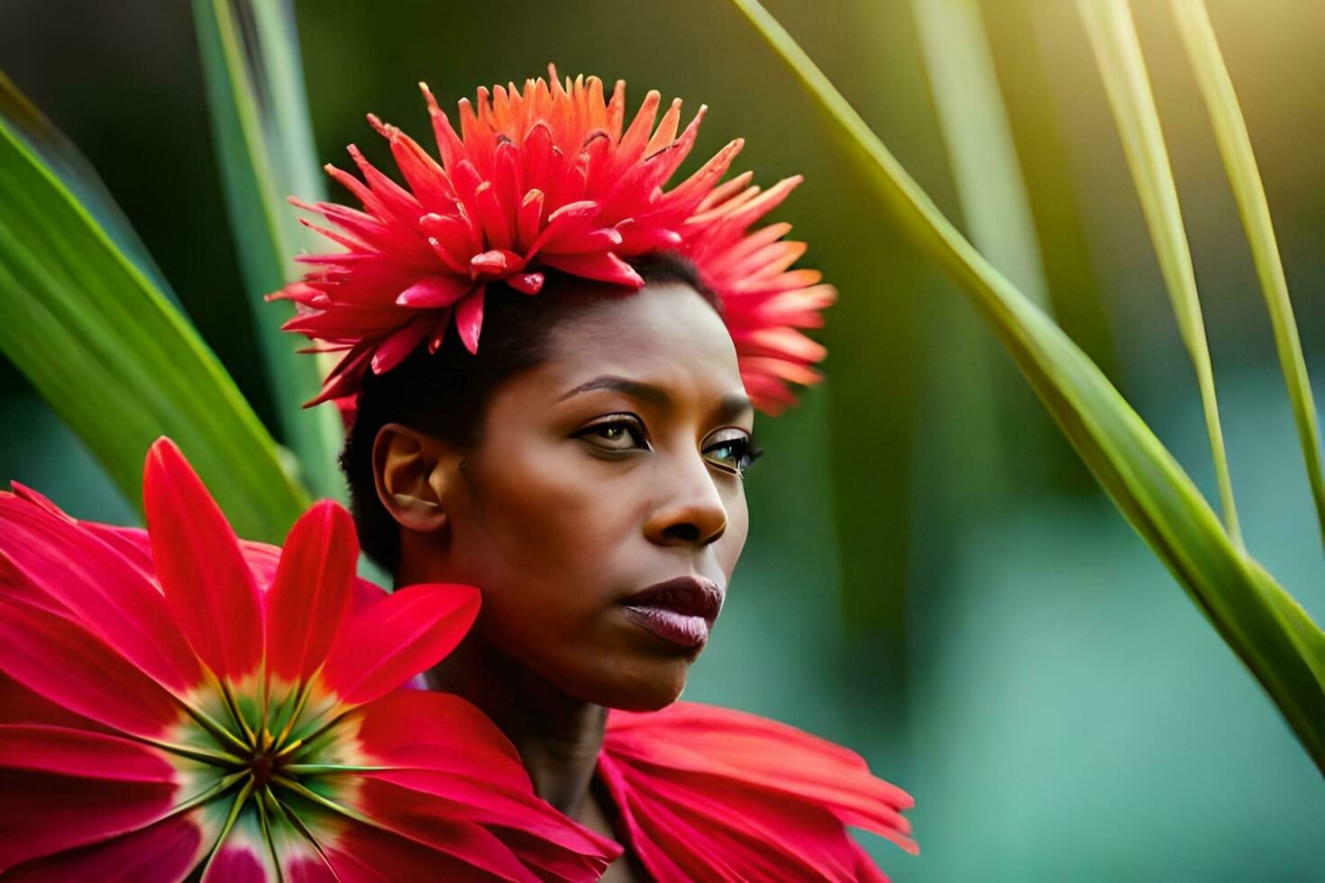 un' donna con rosso fiori nel sua capelli. ai-generato foto