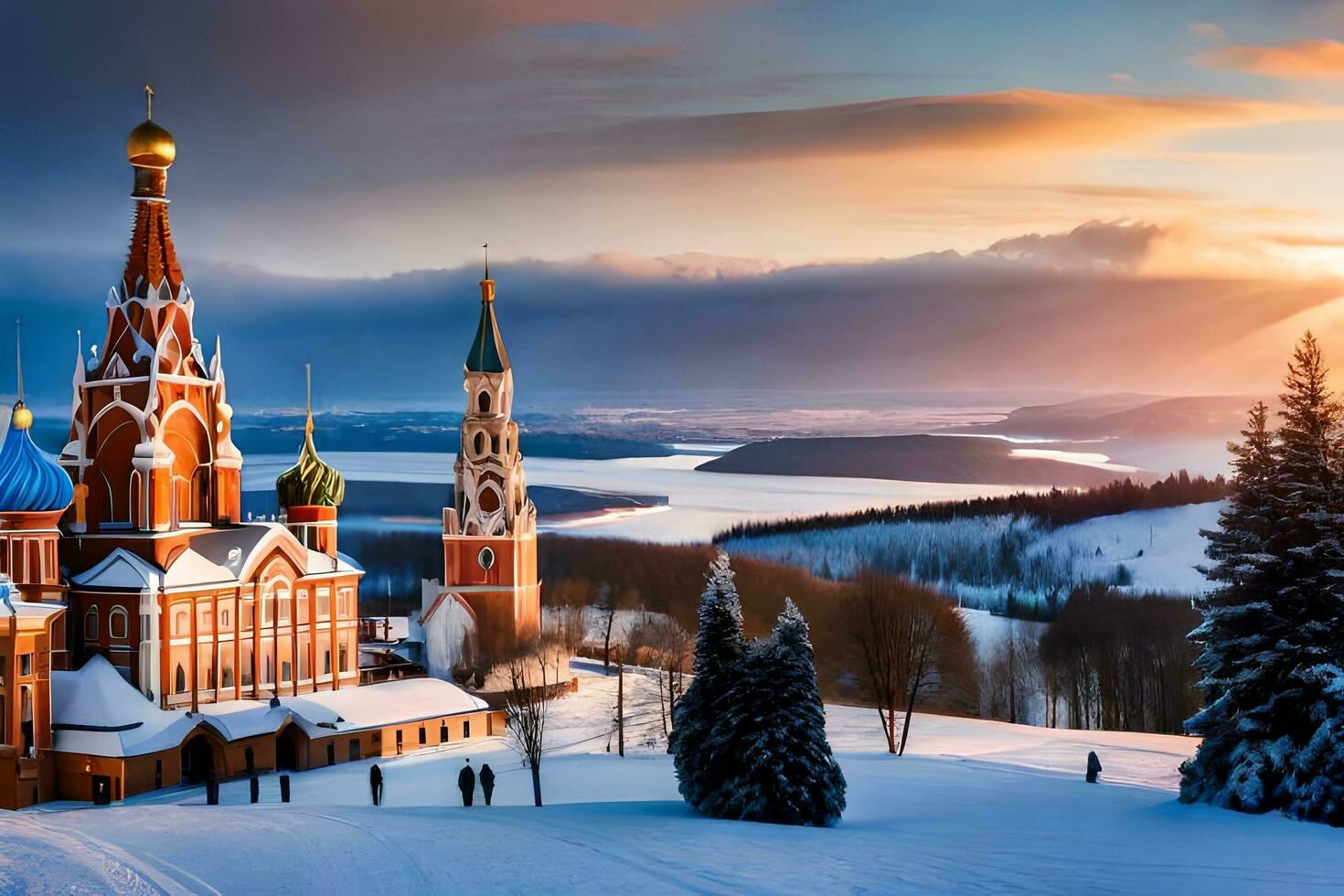 il sole imposta al di sopra di un' nevoso paesaggio con un' Chiesa. ai-generato foto