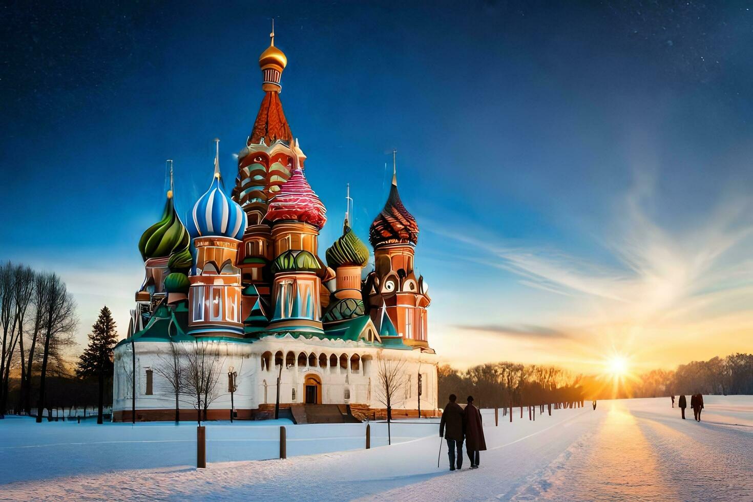 il sole imposta al di sopra di il rosso piazza nel Mosca. ai-generato foto