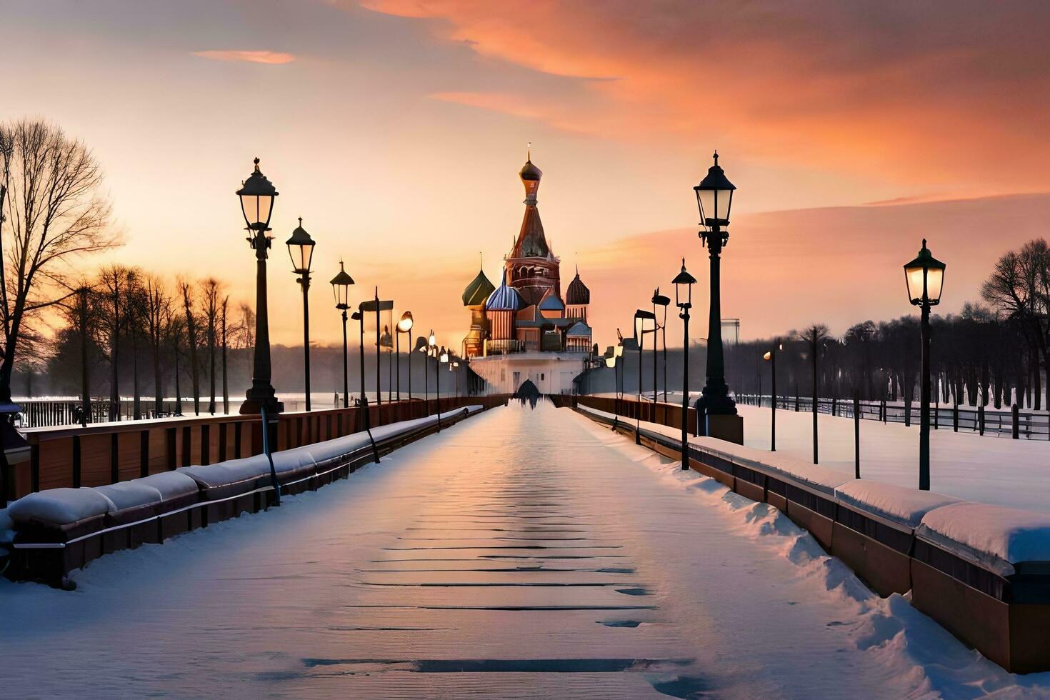 un' passerella nel davanti di un' Chiesa a tramonto. ai-generato foto