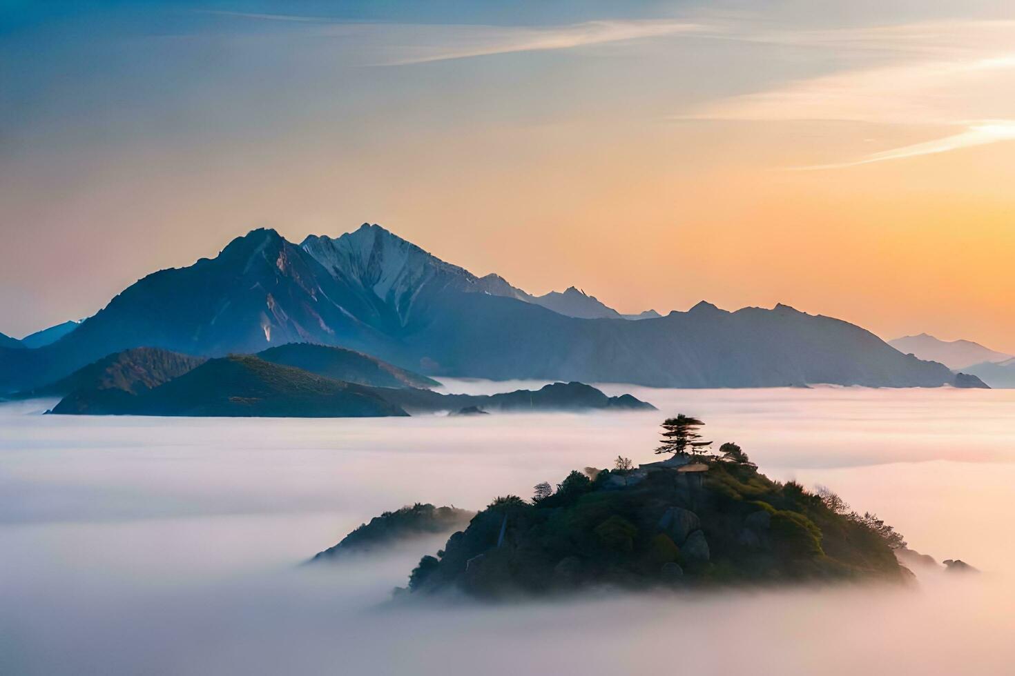 un' piccolo isola circondato di nebbia e montagne. ai-generato foto
