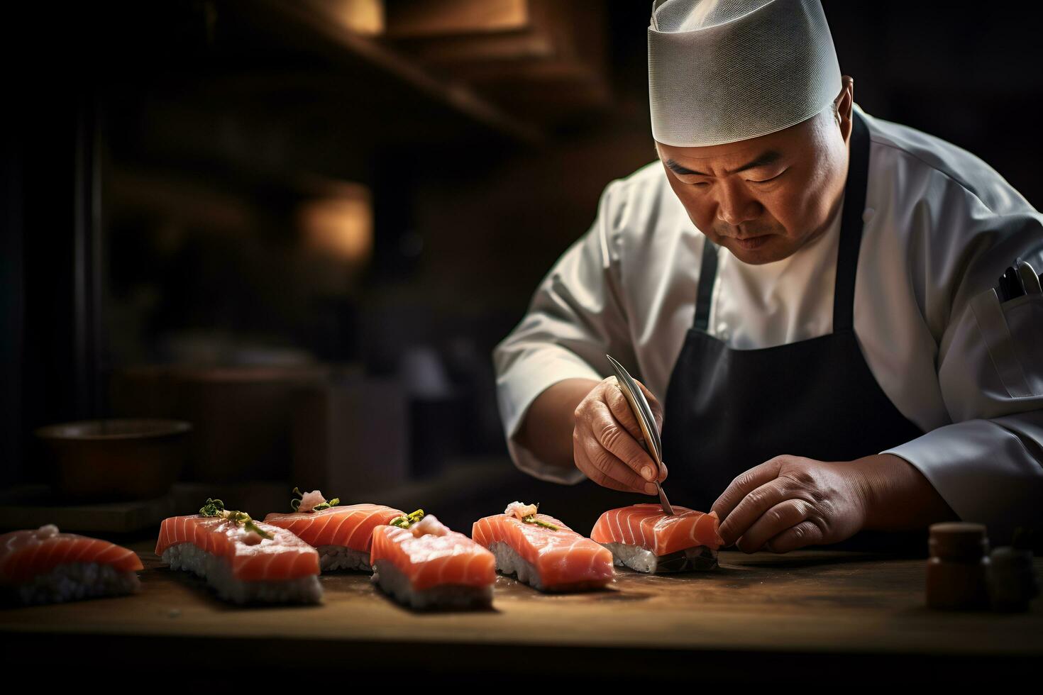 ai generativo giapponese capocuoco è fabbricazione Sushi foto