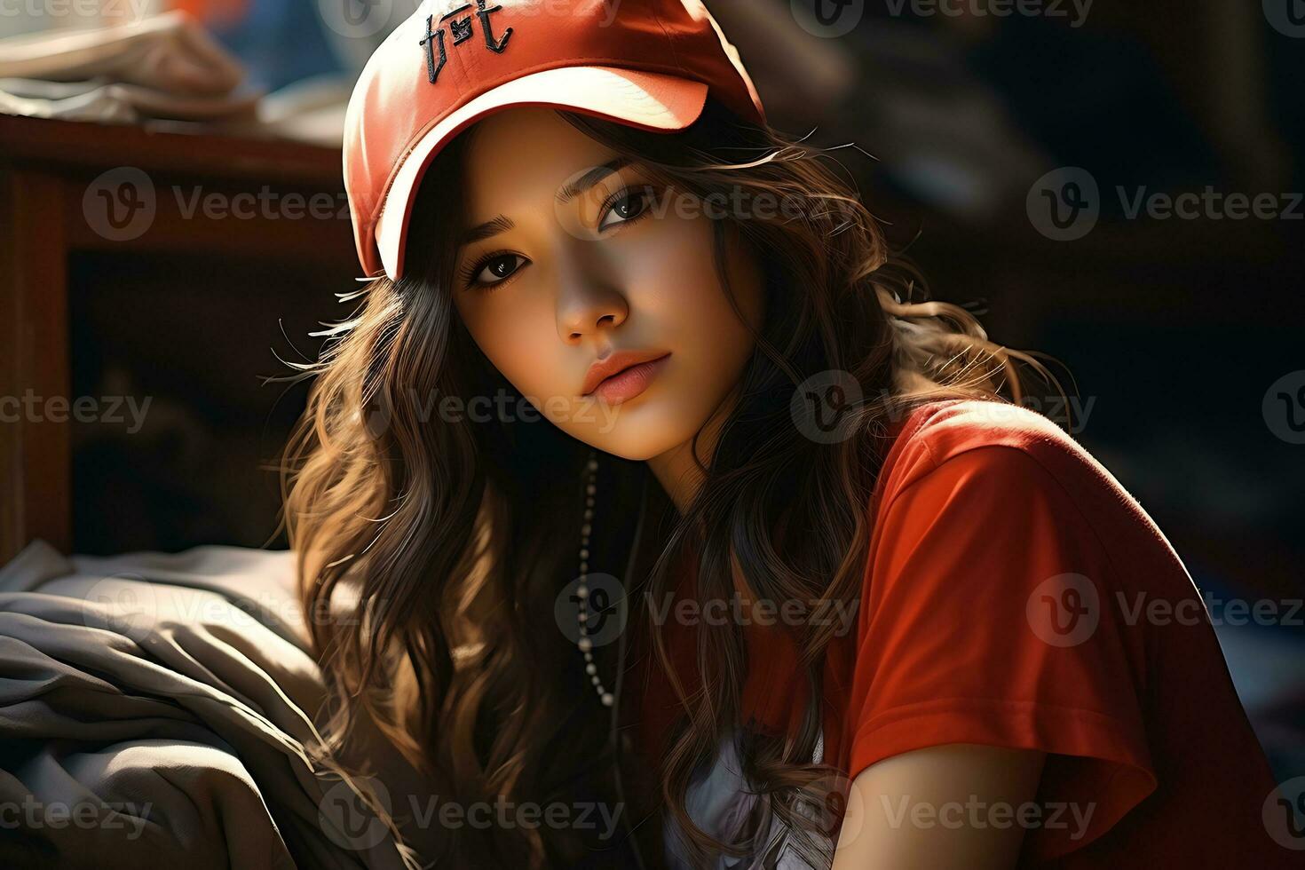 un bellissimo asiatico baseball ragazza figura nel casuale attrezzatura ai generativo foto