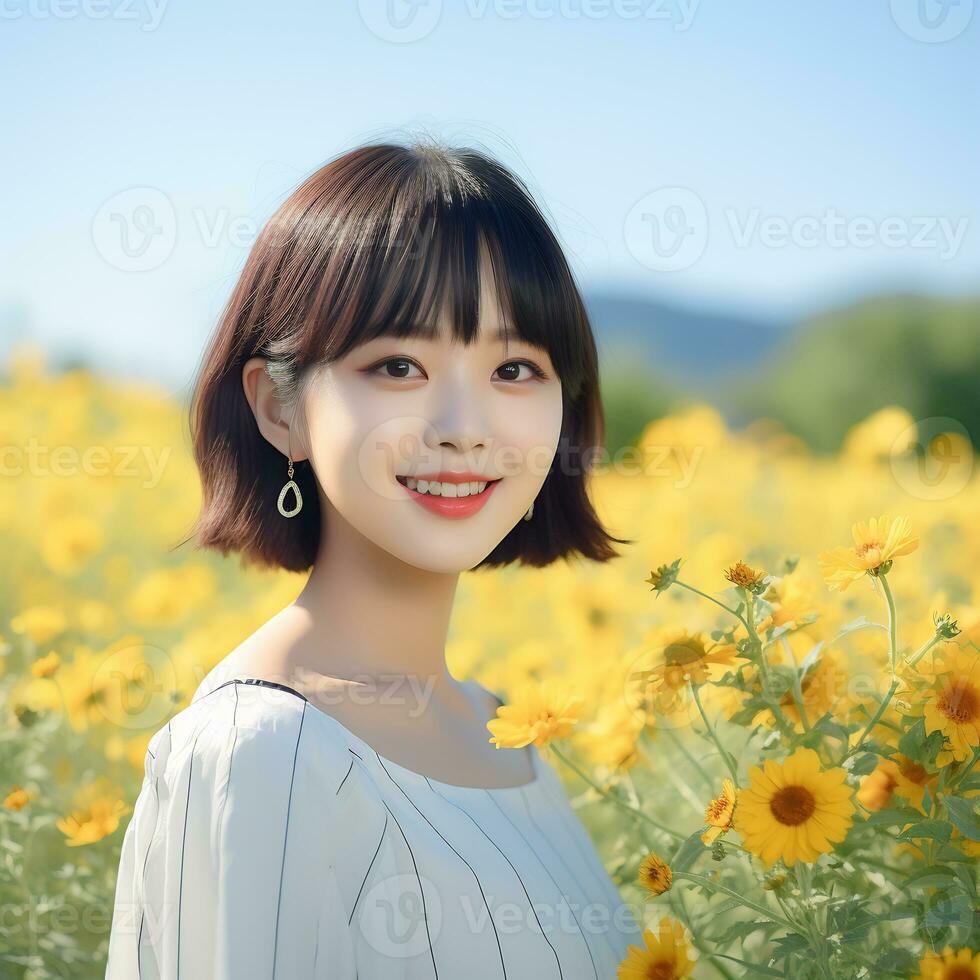 bellissimo asiatico ragazza nel fiore giardino ai generativo foto