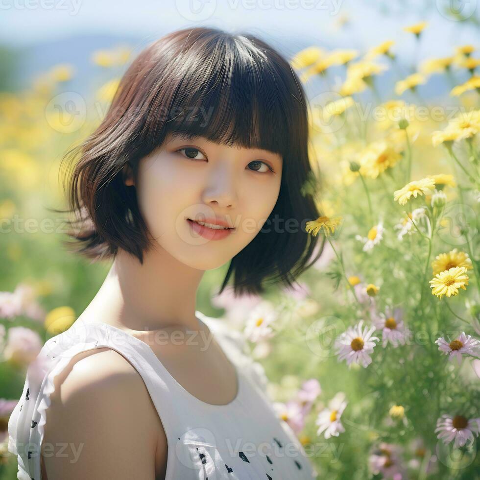 bellissimo asiatico ragazza nel fiore giardino ai generativo foto