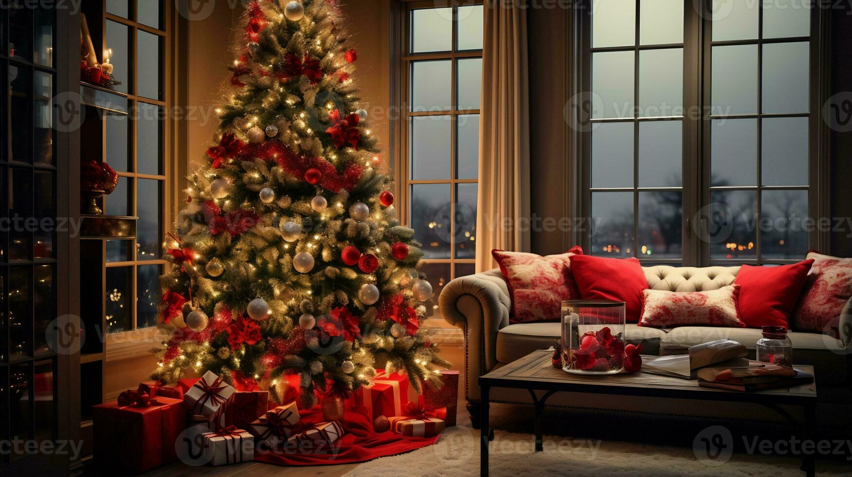 meravigliosamente decorato Natale albero ai generativo foto