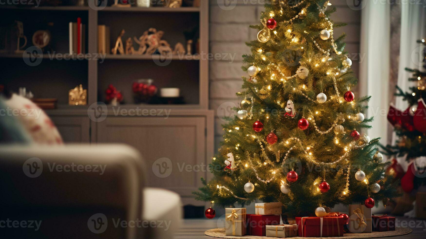 meravigliosamente decorato Natale albero ai generativo foto