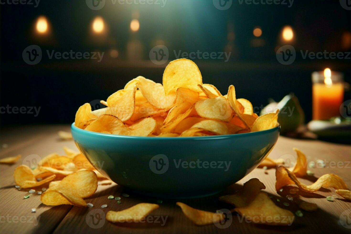 soddisfacente merenda un' ciotola traboccante con delizioso Patata patatine fritte ai generato foto