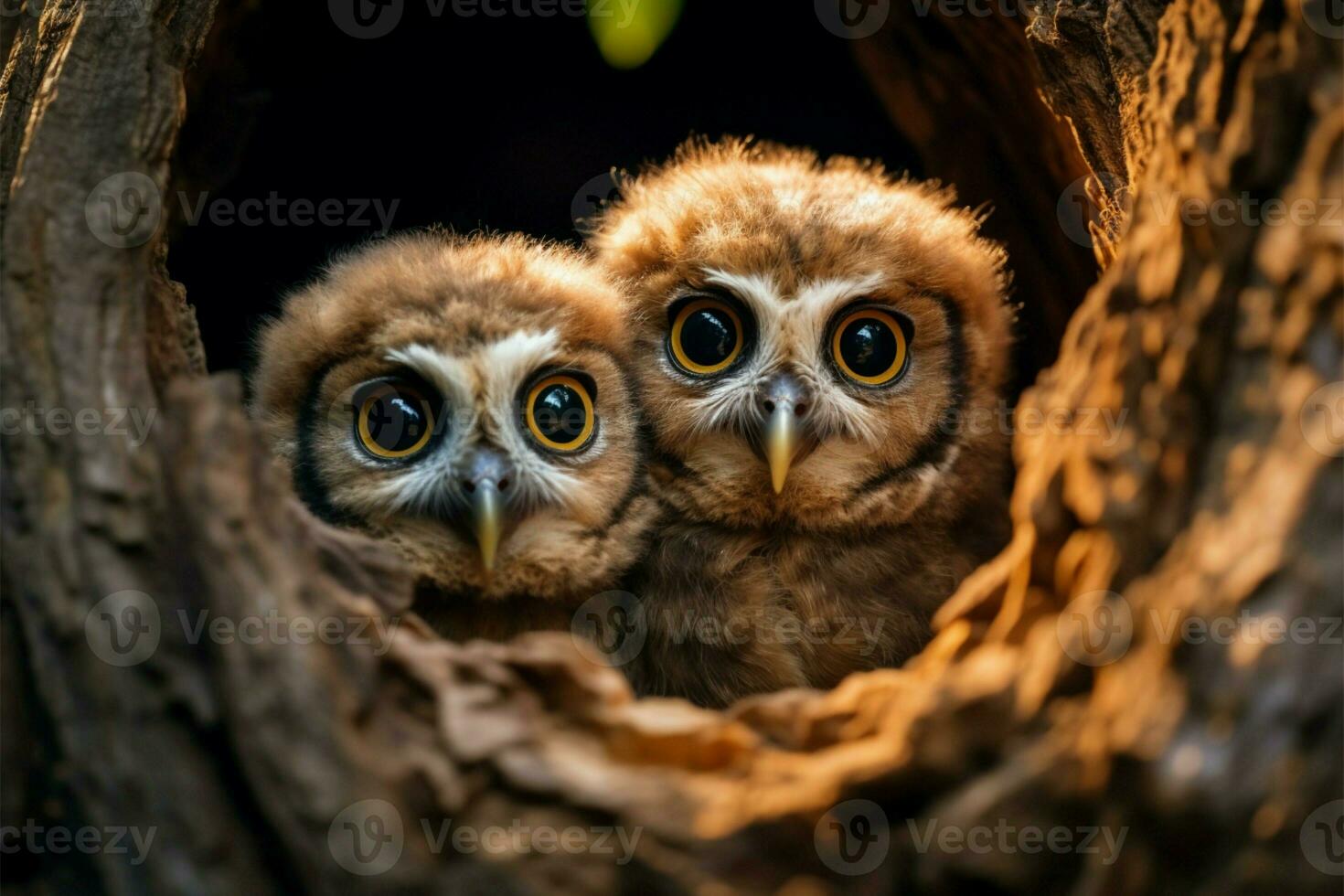 Due adorabile bambino gufi scrutare a partire dal albero nido, con a disposizione spazio ai generato foto