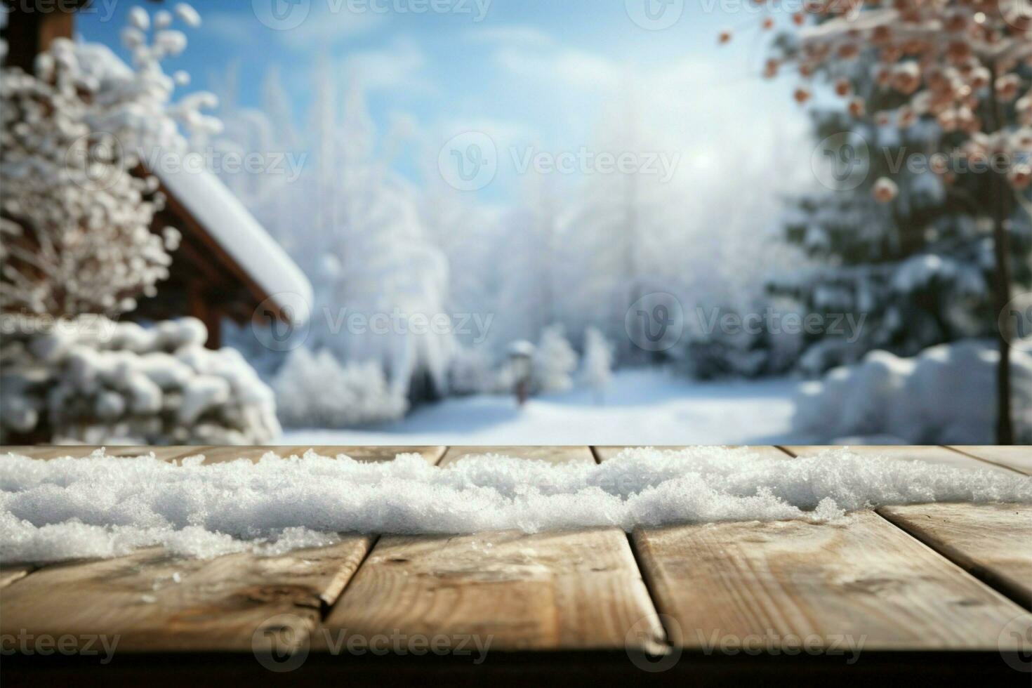 inverni la tranquillità di legno tavolo ornato con neve, in attesa occupanti ai generato foto