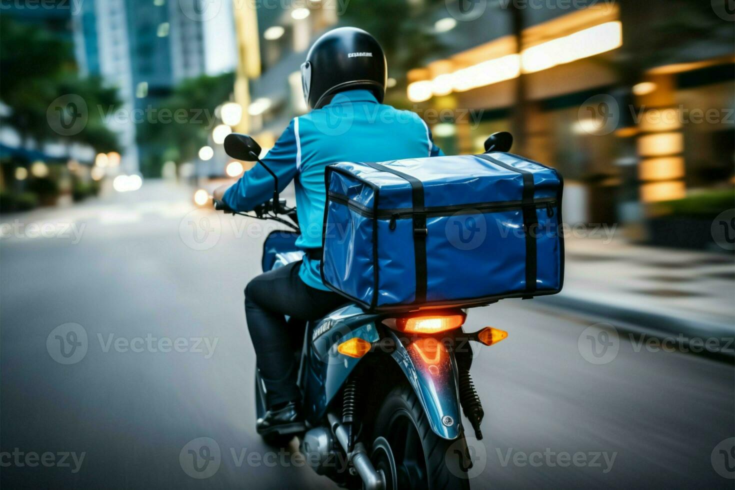 consegna professionale nel blu uniforme velocità su un' motociclo, consegna ai generato foto