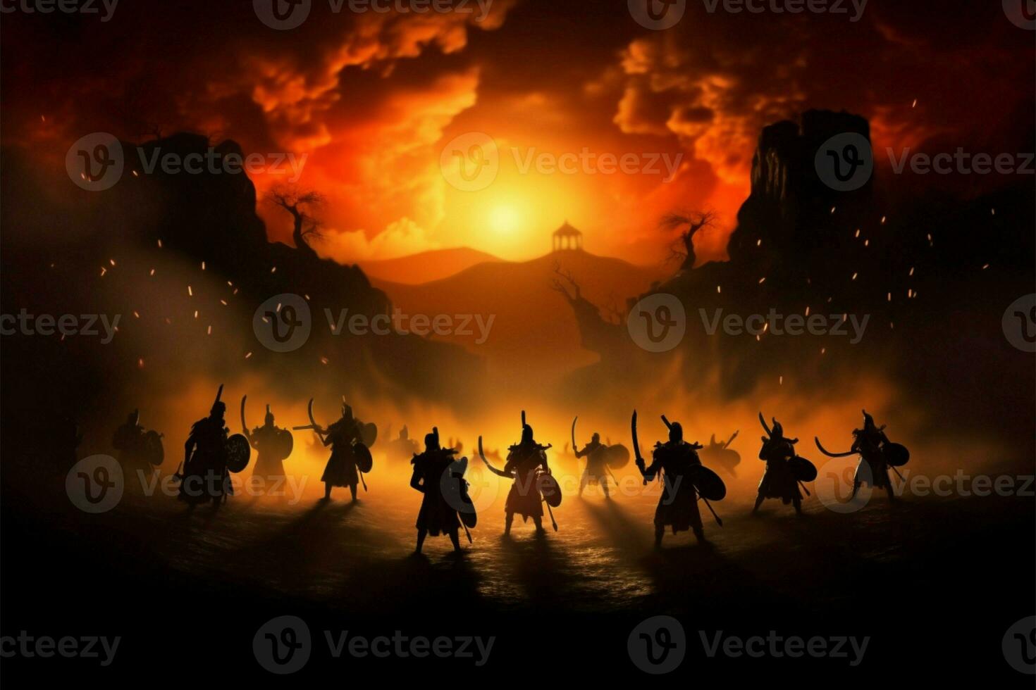 epico notte battaglia, guerrieri scontro nel silhouette contro nebbioso fondale ai generato foto