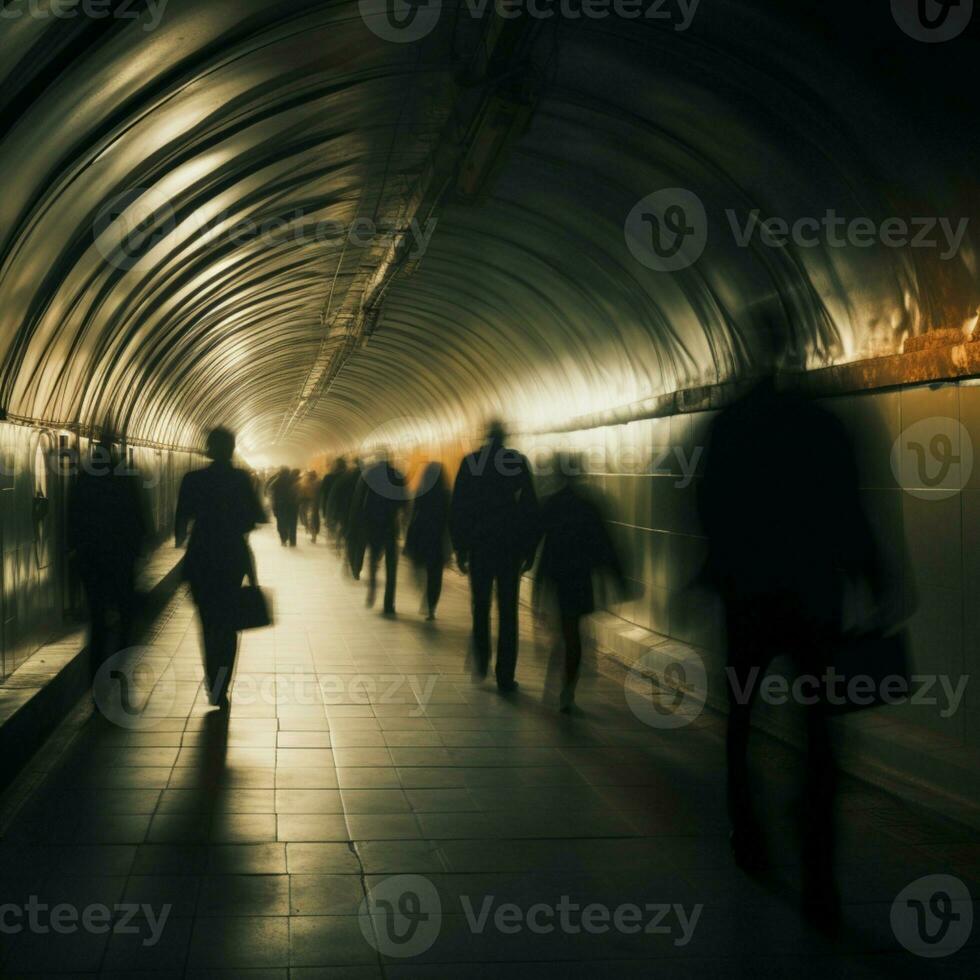 un' tunnel di fretta, pieno con persone su loro modo per opera ai generato foto