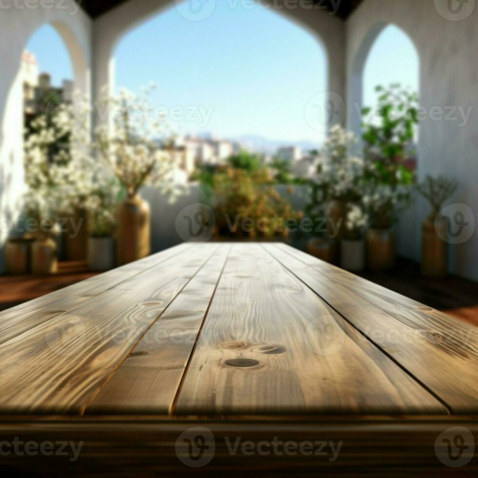 pulito tavolo fondale con un' dolcemente sfocato al di fuori Visualizza ai generato foto