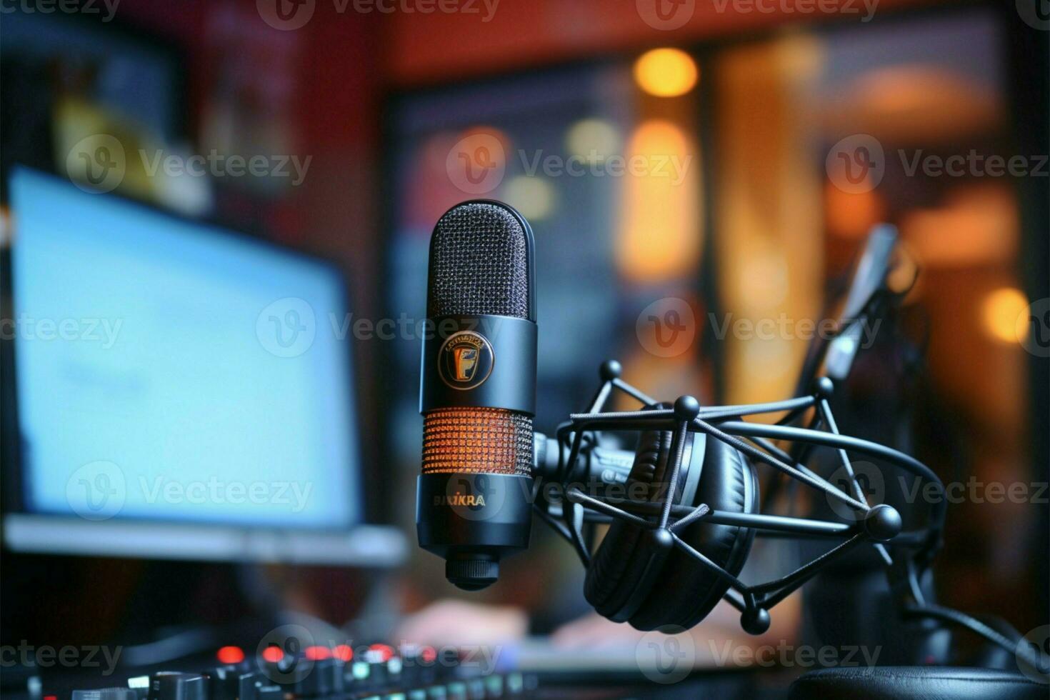 emittente attrezzo microfono nel un' Radio stazione, cattura voci eloquentemente ai generato foto