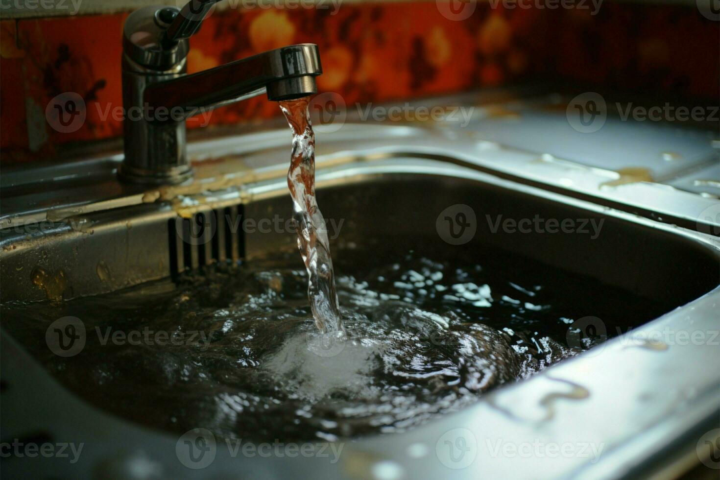 vicino su di inossidabile acciaio lavello, spina buco pieno con acqua e cibo detriti ai generato foto