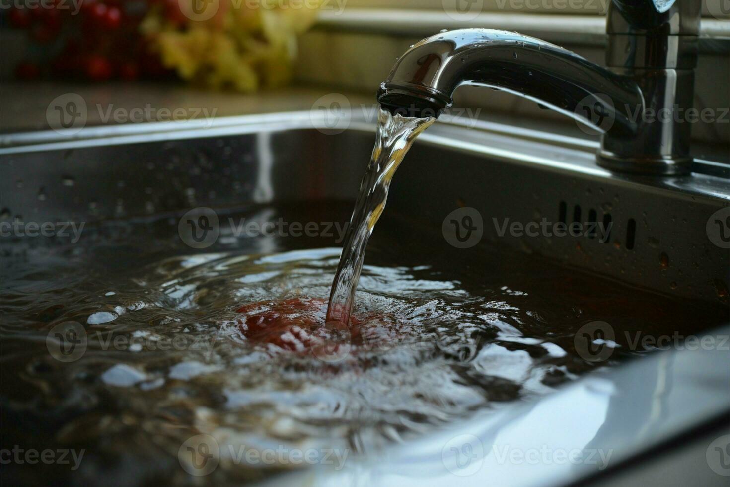 dettagliato Visualizza inossidabile acciaio affonda drain con acqua e cibo resti ai generato foto