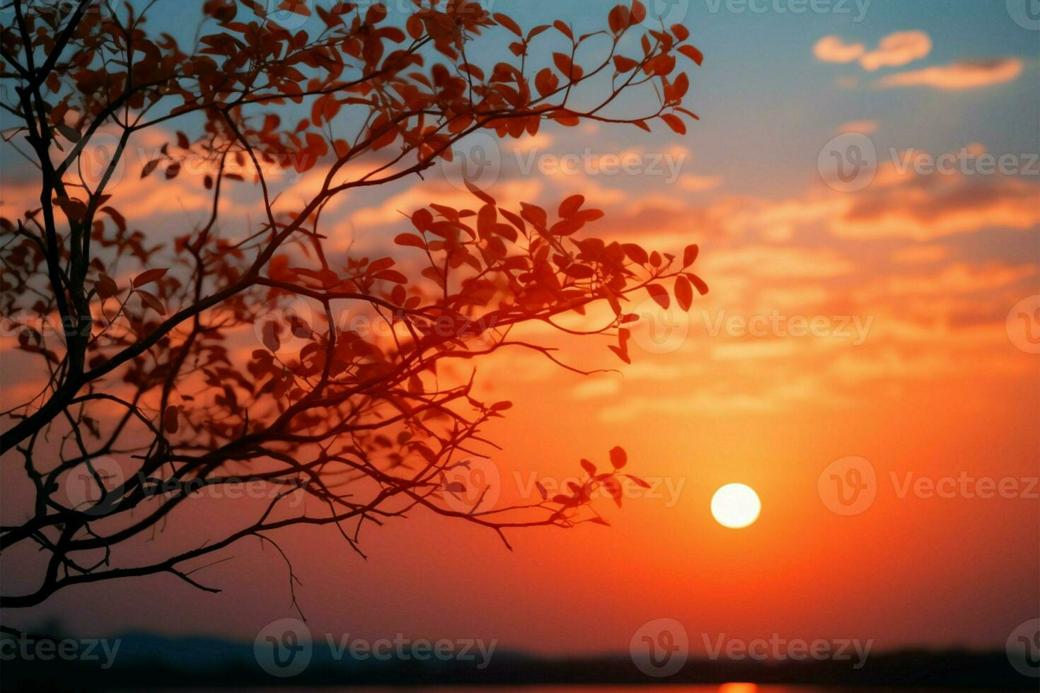 crepuscoli astratto fascino piccolo sole, albero silhouette, tranquillo estate cielo ai generato foto