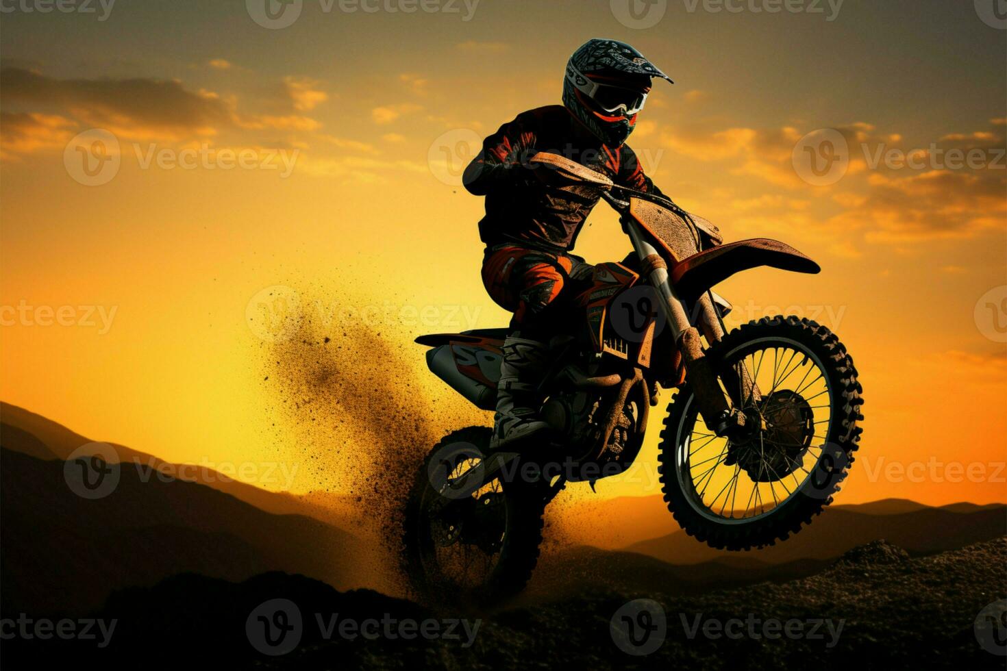 alto volante motocross davanti ruota sollevato nel silhouette, un azione spettacolo ai generato foto