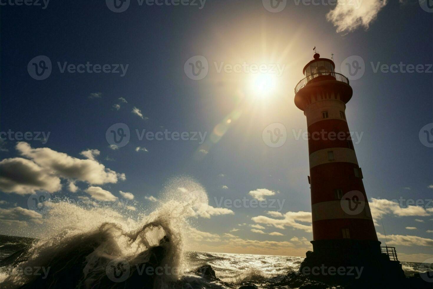 iconico marittimo sentinella il maestoso Visualizza di il faro ai generato foto