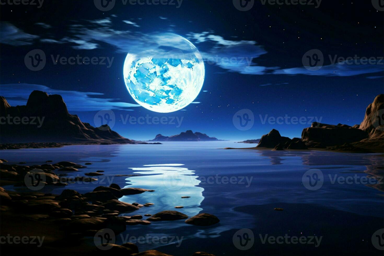 nel un' 3d reso notte, il blu lune splendore baci il mare ai generato foto
