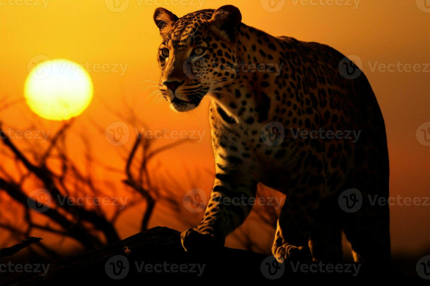 leopardi silhouette grazie il orizzonte come il sole sorge con grazia ai generato foto