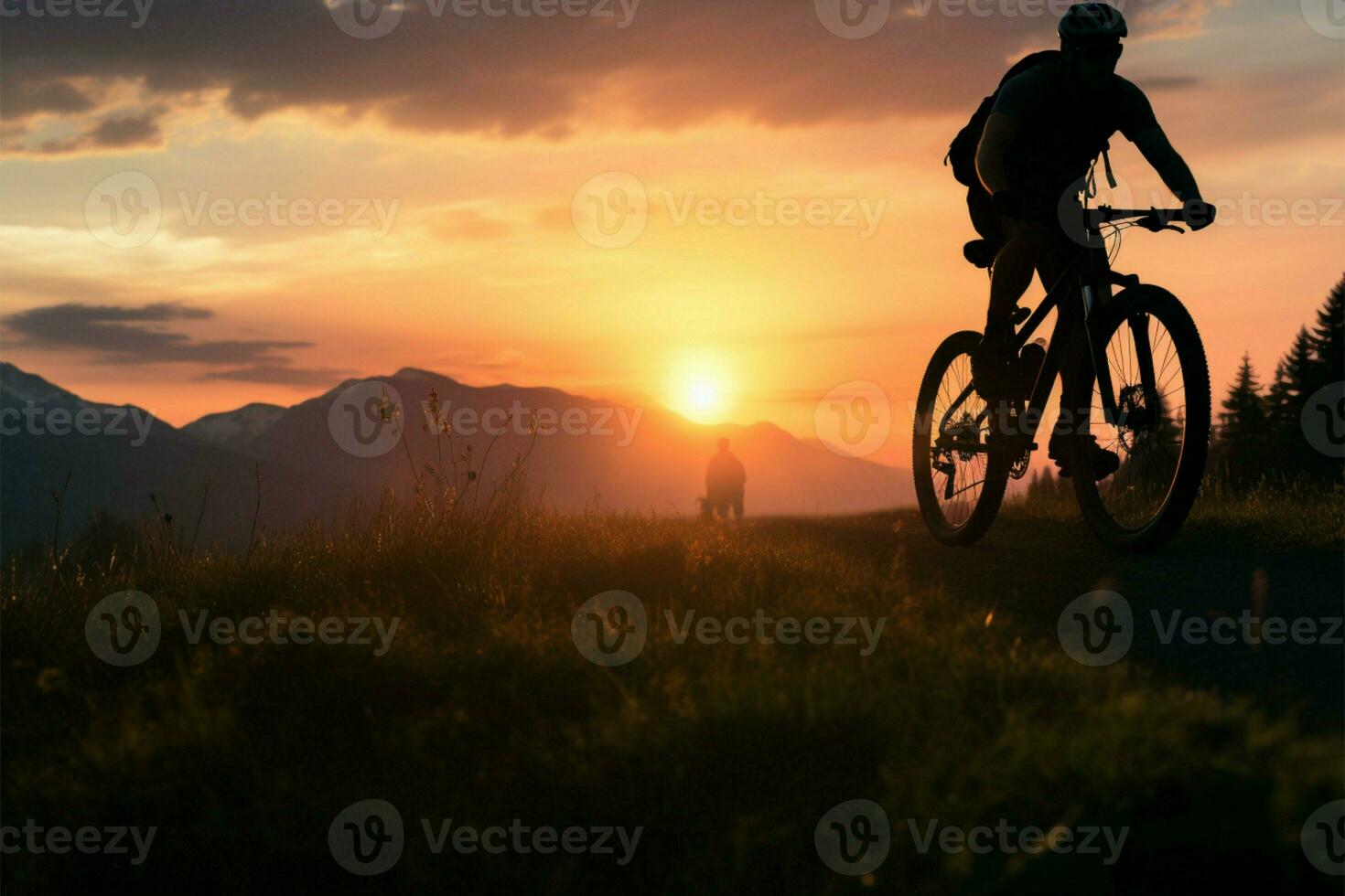 montagna bicicletta sagome nel il sera, ciclisti in tournée, viaggio e fitness ai generato foto