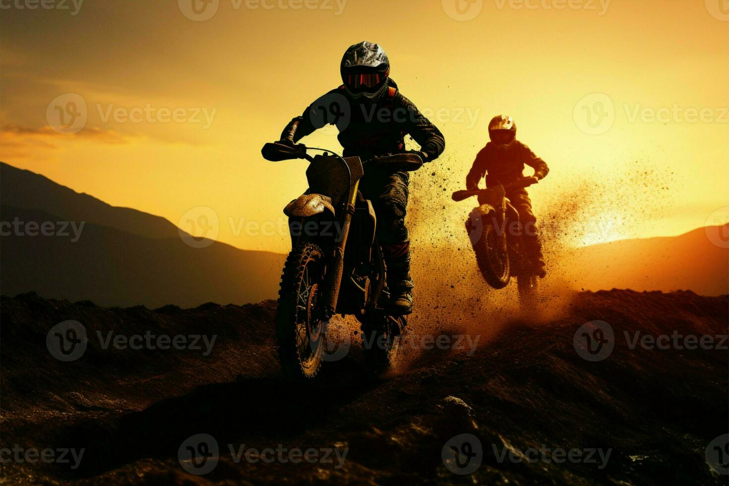 adrenalina pompaggio motocross silhouette con davanti ruota sollevato, azione confezionato avventura ai generato foto