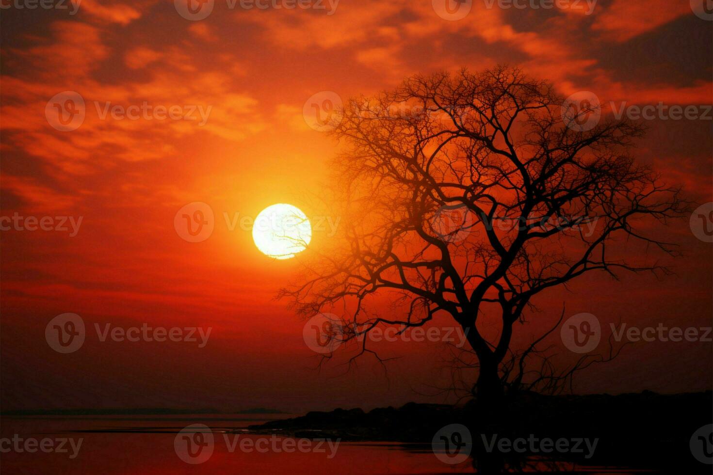 nature astratto arte piccolo sole, albero silhouette, tranquillo tramonto bellezza ai generato foto