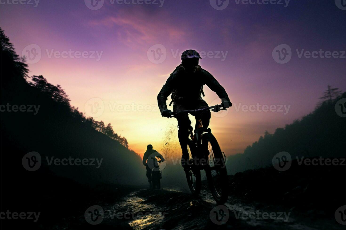 piloti su montagna Bici Esplorare aspro terreno durante il sera ai generato foto