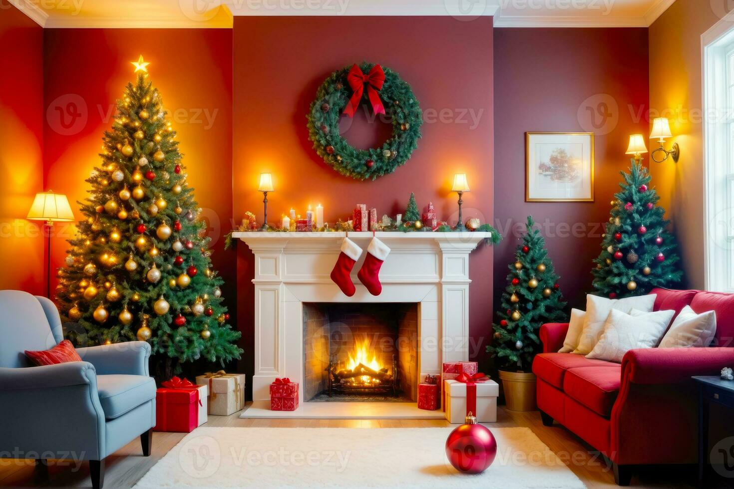 caldo camino ambiance e raggiante ornamenti per Natale, ai generato foto